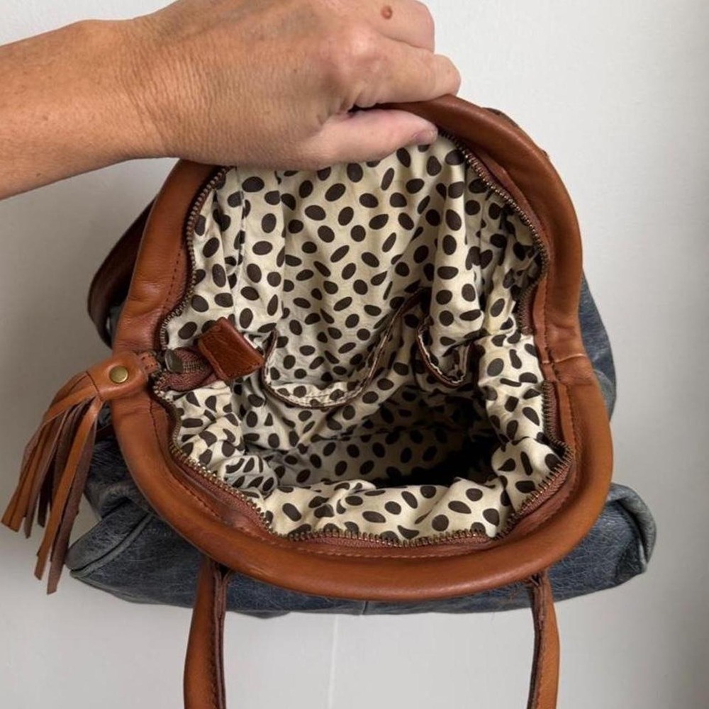 Blue Leather Bowling Bag Shoulder Bag Brown Leather Trim Polka Dot Liner Boho - Picture 7 of 8